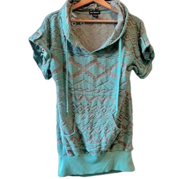 Vintage Tops - Vintage aqua & gray terry cloth short sleeve hip length hoodie size medium​ Y2K